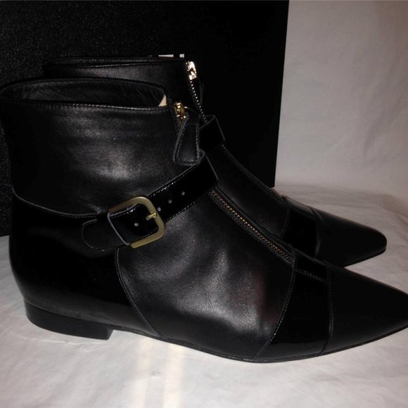 CHANEL 13A Black Leather Patent Pointed Buckled Ankle Bootie Boots Shoes - Picture 5 of 12